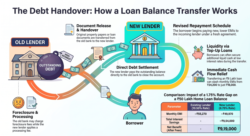 Home Loan Balance Transfer process showing transfer from an existing lender to a new lender