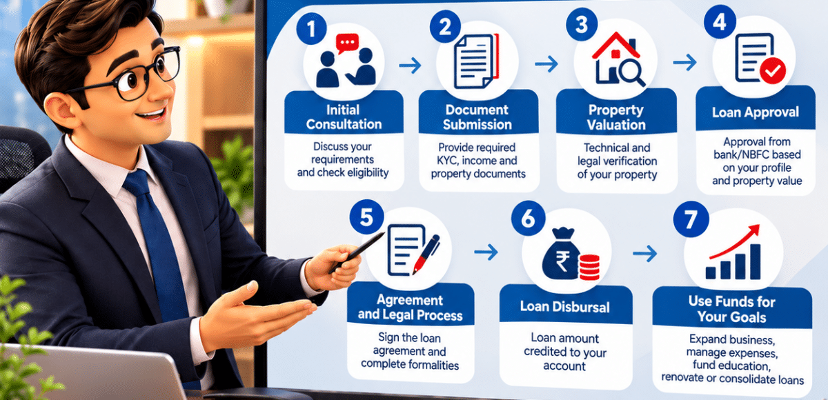 Loan Against Property process in Pune showing consultation, document submission, property valuation, loan approval, legal process and disbursement